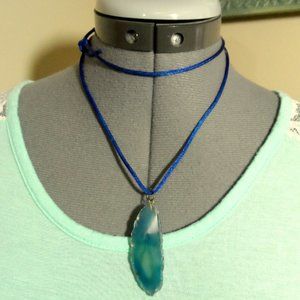 Dyed Blue PETRIFIED WOOD Slice Pendant with Cord Necklace Cute Nature kids gift